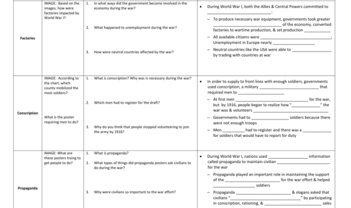 World war 1 on the homefront worksheet answer key