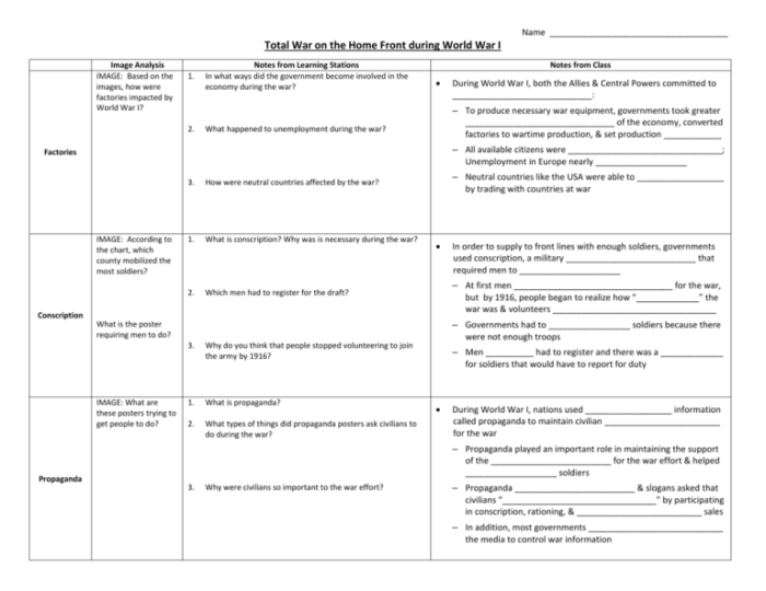 World war 1 on the homefront worksheet answer key